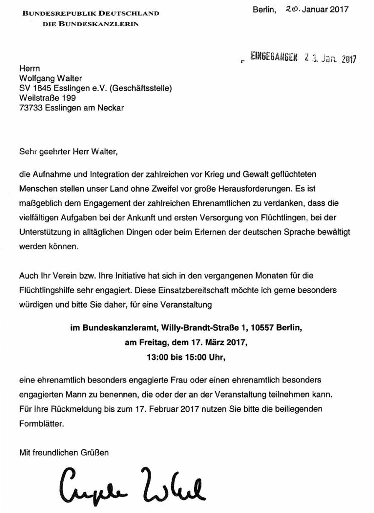 Ehrung des SV 1845 Esslingen für Engagement in der Flüchtlingshilfe: Post von Angela Merkel