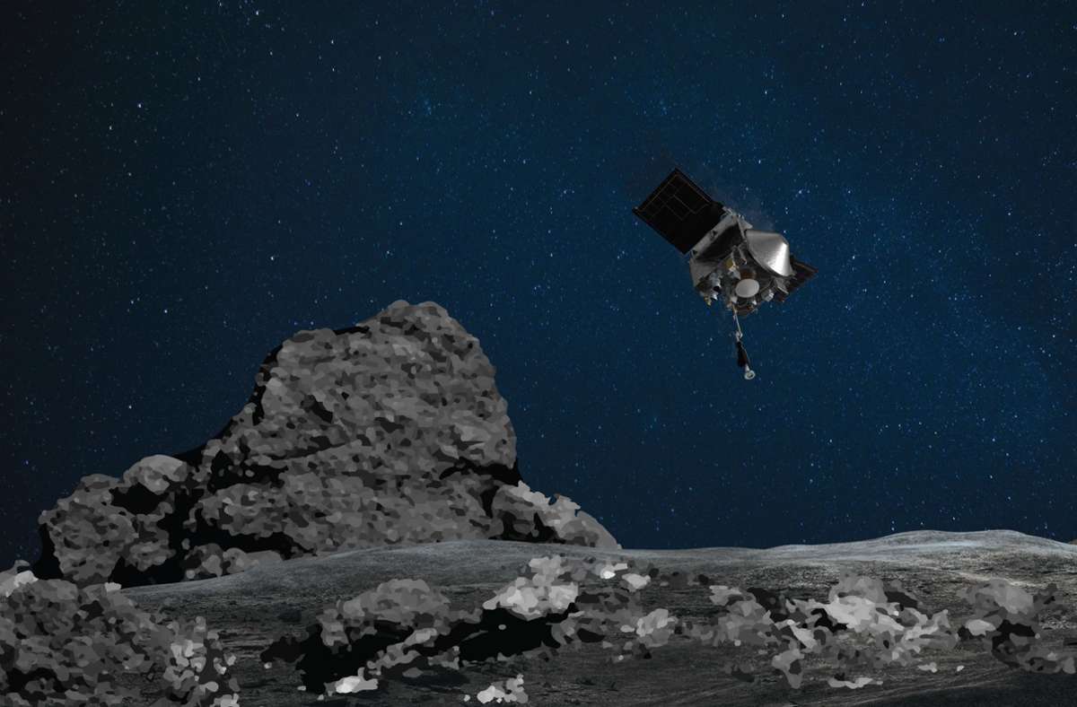 Die Raumsonde „Osiris Rex“  nähert sich dem Asteroiden Bennu (künstlerische Darstellung). In der Nacht zum 21. Oktober hatte sich die Nasa-Sonde erfolgreich dem Asteroiden bis auf wenige Meter genähert und Bodenproben zu sammeln.