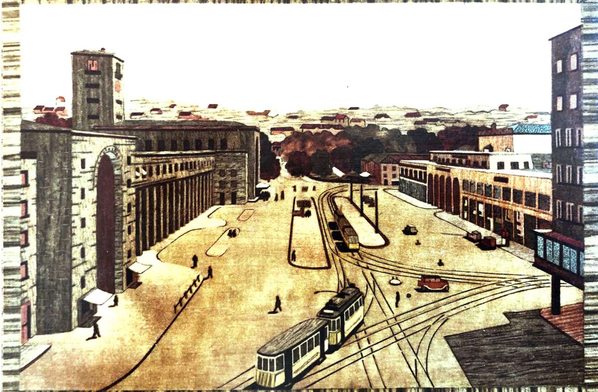 Selten gesehen: eine Postkarte auf dünnem Holz in der Optik von Einlegearbeiten. Sie wurde von „Tarso-Buschle“ vertrieben und zeigt den Stuttgarter Bahnhofsvorplatz. Viele weitere Alltagsgegenstände aus dem Jahr 1942 zeigt die folgende Bilderstrecke.