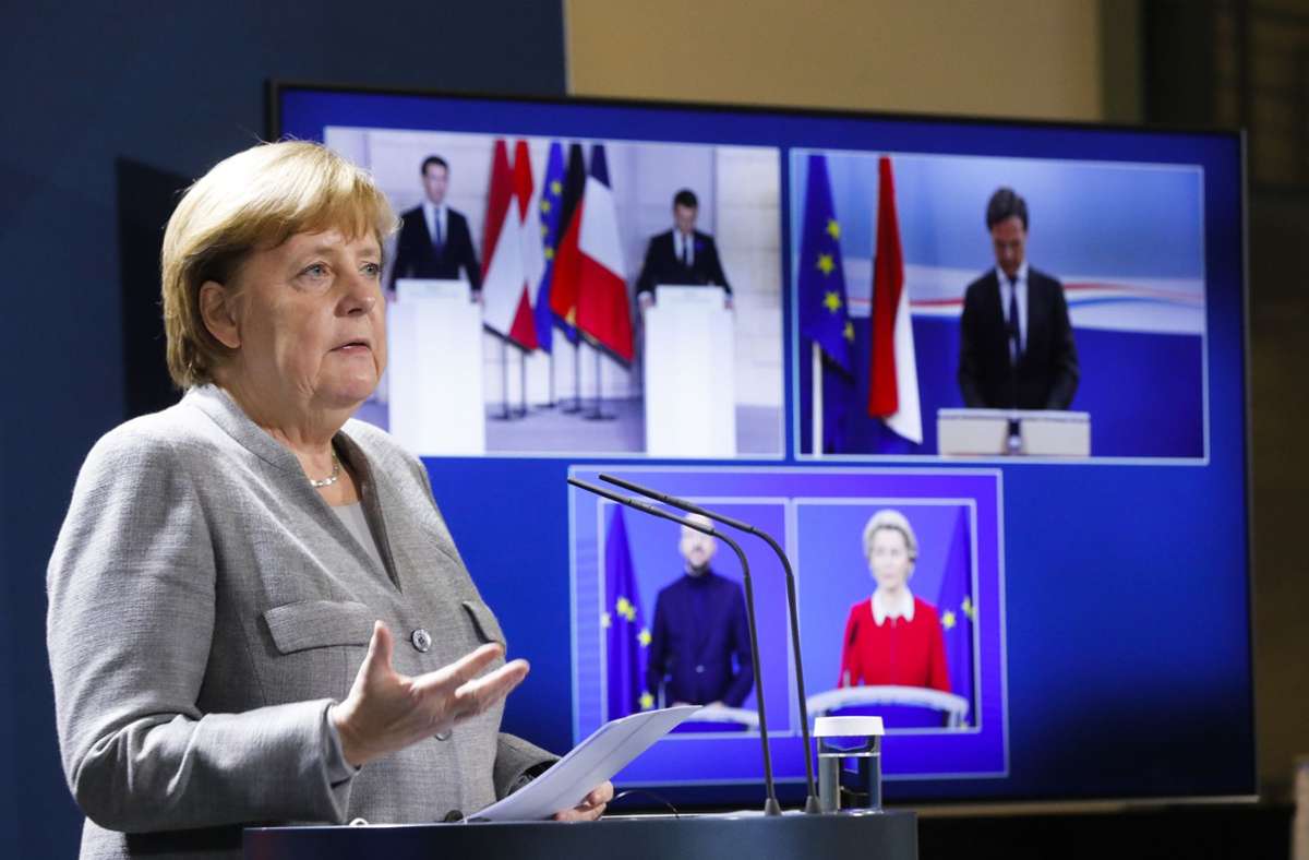 Kanzlerin Angela Merkel bei einer Videokonferenz mit EU-Partnern. Foto: dpa/Markus Schreiber