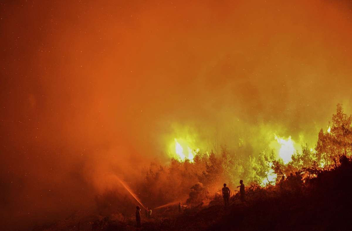 Feuerwehrleute richten Wasserstrahlen aus Feuerwehrschläuchen auf einen Waldbrand im  Pentadaktylos-Gebirge, Nord-Zypern.