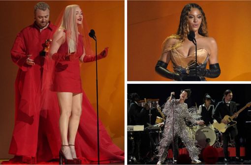 Grammy-Gewinner: Sam Smith und Kim Petras (links) nehmen einen Preis entgegen, Beyoncé (oben) kommt zu spät, Harry Styles performt. Foto: AFP/VALERIE MACON