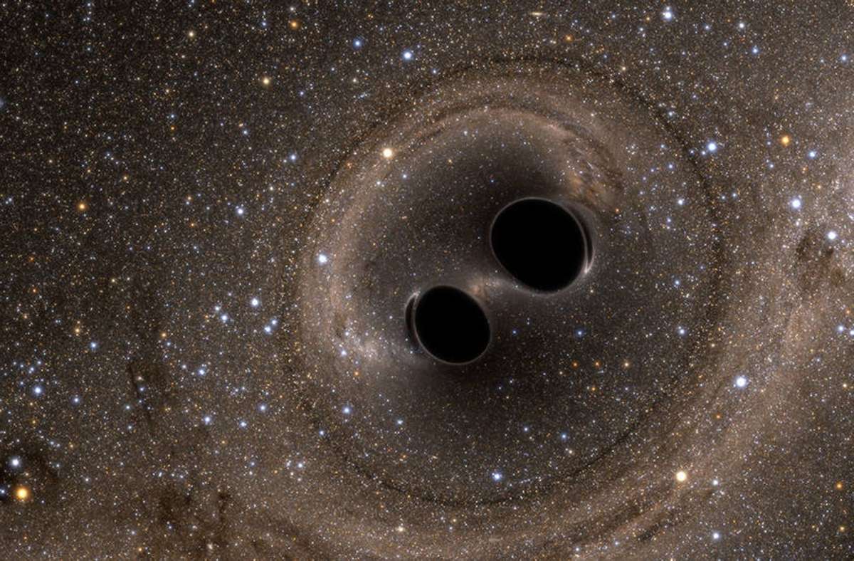Diese Computer-Simulation der US-Raumfahrtbehörde Nasa zeigt die Kollision zweier Schwarzer Löcher, die Gravitationswellen aussenden.