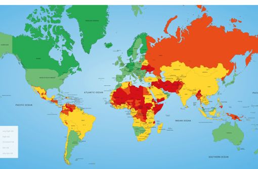 Die „Risk Map“ funktioniert nach dem Ampelprinzip. Dunkelgrün steht für sehr sicher, in rot gefärbte Länder sollte man besser nicht reisen. Foto: A3M