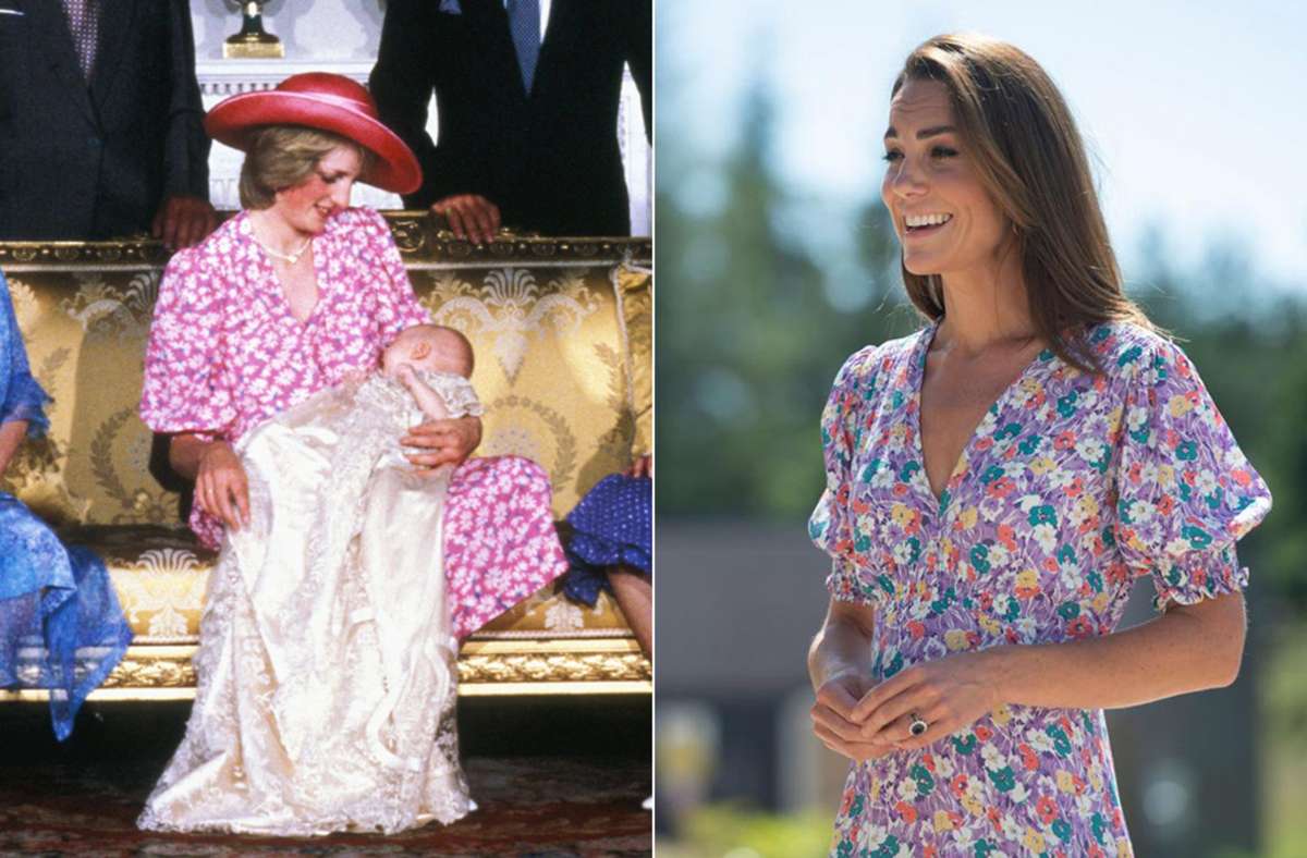 Zwischen diesen beiden Blümchenkleidern liegen 38 Jahre: Prinzessin Diana (links) im Jahr 1982 und Herzogin Kate 2020.