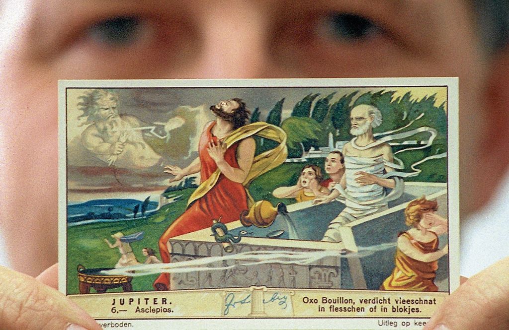 Dieses Sammelbild der Firma Liebig zeigt den griechischen Asklepios zusammen mit Gott Jupiter. Um an die Karten zu kommen, mussten 50 Banderolen eingetauscht werden. Foto: dpa