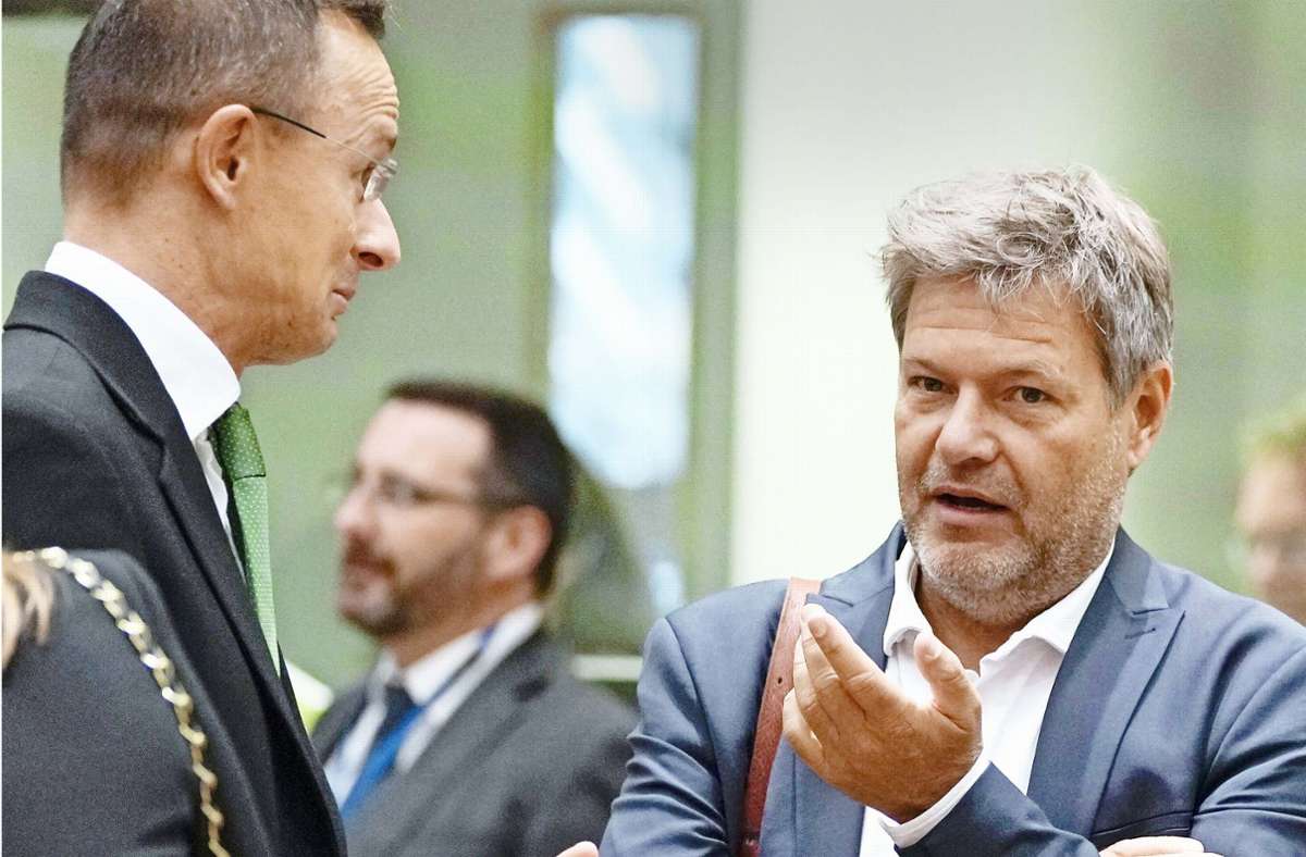 Wirtschaftsminister Robert Habeck (rechts) im Gespräch mit dem ungarischen Außenminister Peter Szijjarto. Foto: dpa/Virginia Mayo