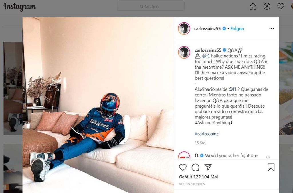 Einer aus der Formel-1-Garde allerdings ist mit der endlosen Freizeit überfordert. Carlos Sainz bittet in den Sozialen Medien seine Fans, ihm Fragen zu stellen, die er beantworten kann. Wir würden von ihm wissen wollen: Lieber Carlos, gehst du auch im Rennoverall ins Bett?