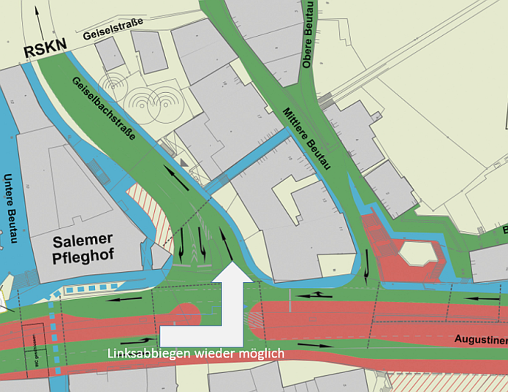 Die roten Flächen sind weiterhin gesperrt. Grün ist der befahrbare Bereich und blau eingezeichnet sind die Fußwege an der Baustelle Augustinerbrücke.