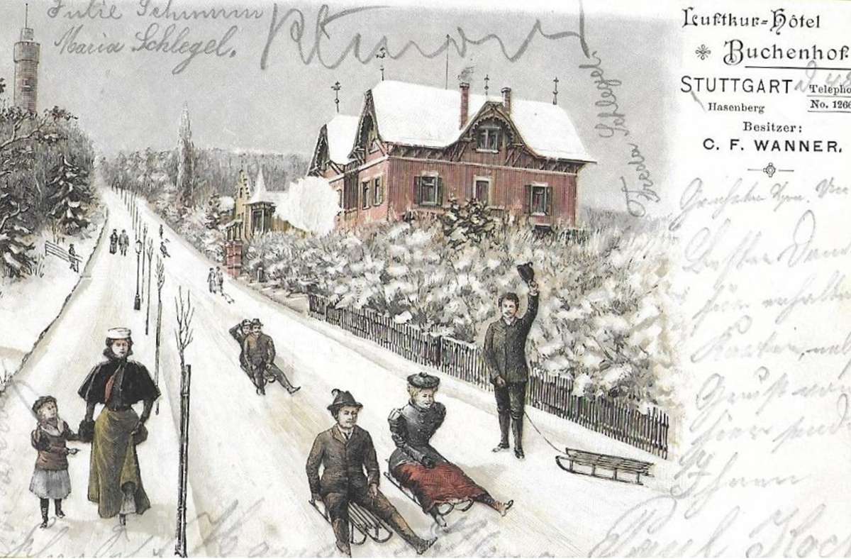 Schlittenfahrt um 1900 auf dem Stuttgarter Hasenberg.