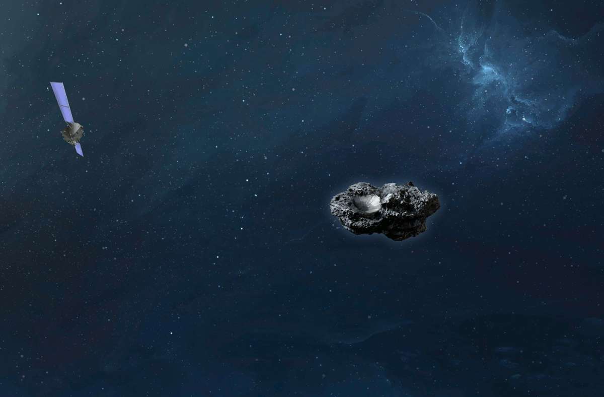 Die Computersimulation zeigt die Raumsonde Hera im Anflug auf den Asteroiden Didymoon.