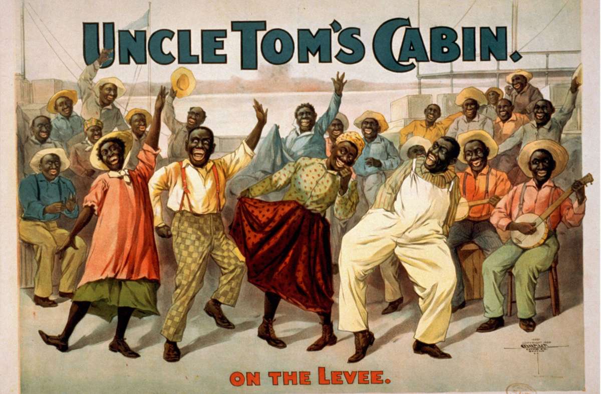 Ein Theaterplakat von 1899: als Schwarze geschminkte Weiße führen Afroamerikaner als fröhliche Naivlinge vor.