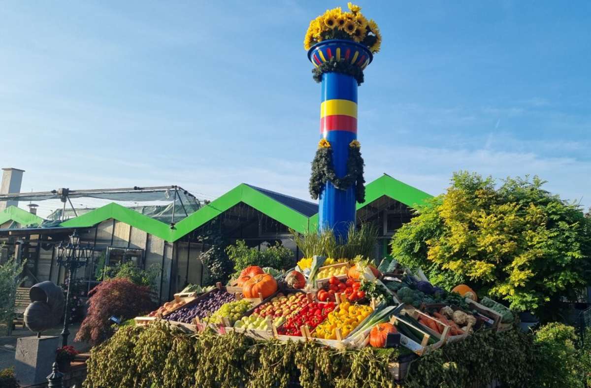 Wahrzeichen des Cannstatter Wasens: Volksfest-Fan stellt Mini-Fruchtsäule in seiner Gärtnerei auf