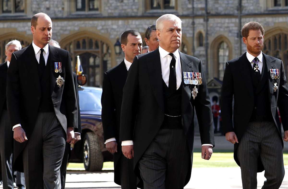 Prinz William (links) und Prinz Harry laufen gemeinsam im Trauerzug.