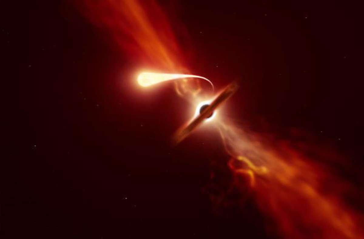 Werden Stränge des Sterns in das Schwarze Loch gesaugt, entsteht ein Lichtblitz.
