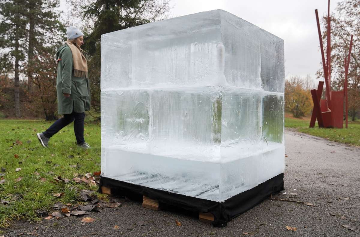 Kunstaktion in Esslinger Park: Künstler vergräbt Eisblock