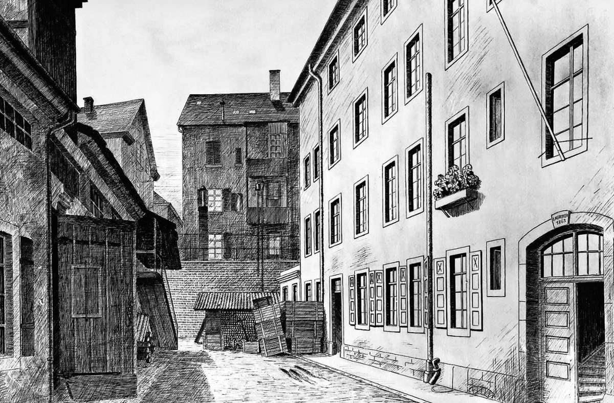 Der Geburtsort der Bosch GmbH im Jahr 1886: Die Werkstatt  befand sich im Erdgeschoss des Hinterhauses Rotebühlstraße 75 B (Gebäude rechts).