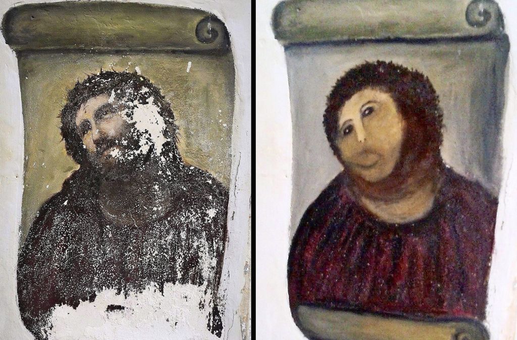 Nicht so ganz fachmännisch wurde die Restauration (rechts) eines Jesus-Bildes im spanischen Borja durch eine   Rentnerin durchgeführt. Links das Original.
