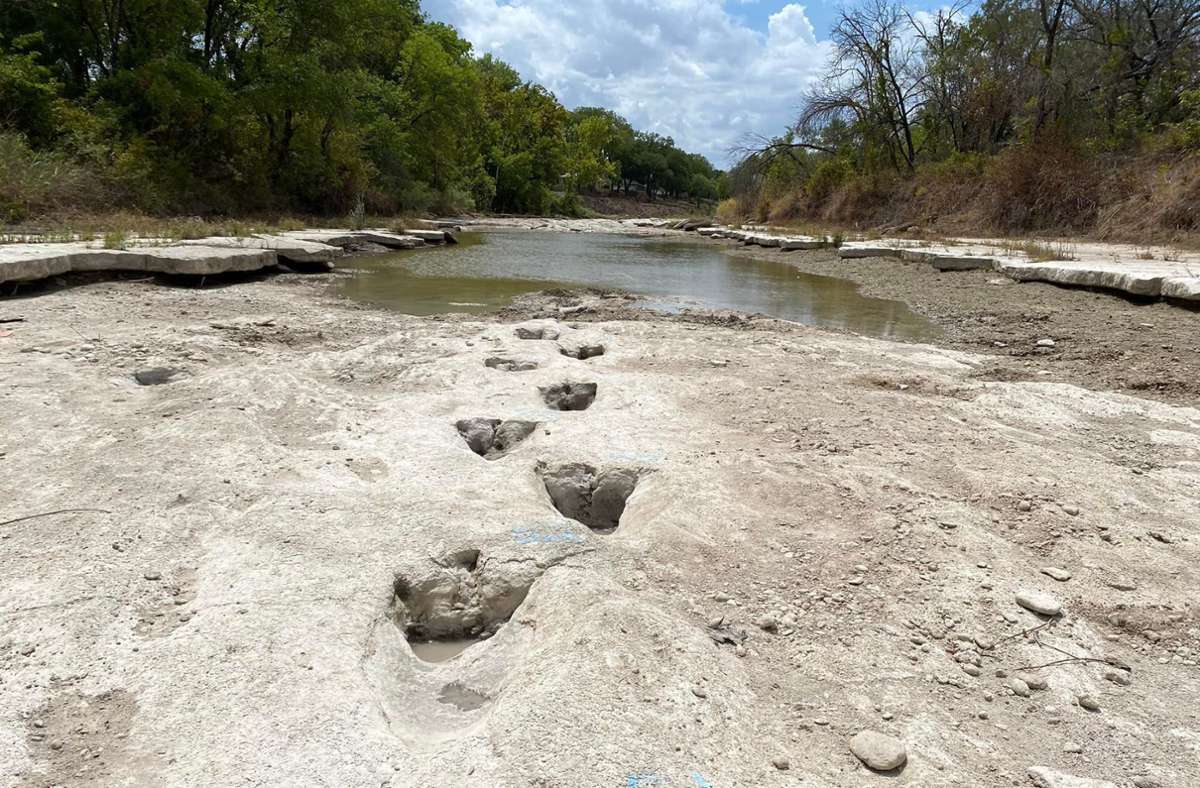 Dallas Ende August 2022: Fußabdrücke von Dinosauriern  in einem Flussbett des „Dinosaur Valley State Parks“