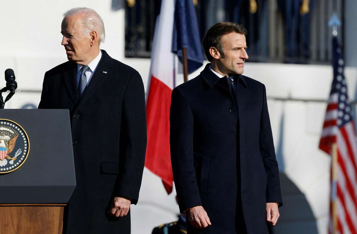 Unterschiedliche Richtung? Die Präsidenten der USA und Frankreichs, Joe Biden und Emmanuel Macron in Washington. Foto: AFP/Ludovic Marin
