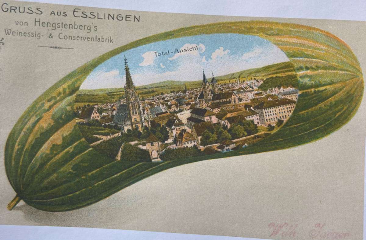 Eine alte Esslinger Grußkarte zeigt auf bemerkenswerte Art und Weise die Verbundenheit der Firma Hengstenberg mit der Stadt Esslingen. Foto: Firma Hengstenberg