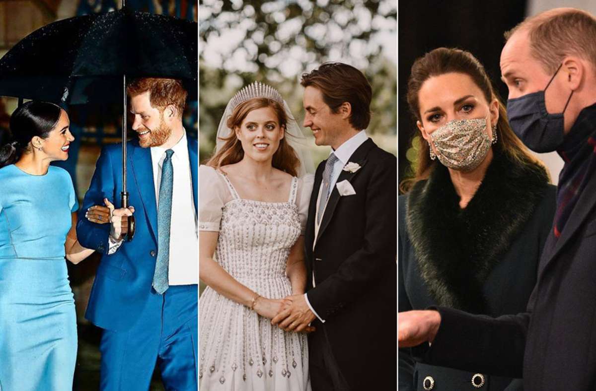 Szenen eines royalen Jahres (von links): Meghan und Harry machen Schluss mit den royalen Pflichten, Prinzessin Beatrice heiratet heimlich und William und Kate trotzen Corona.
