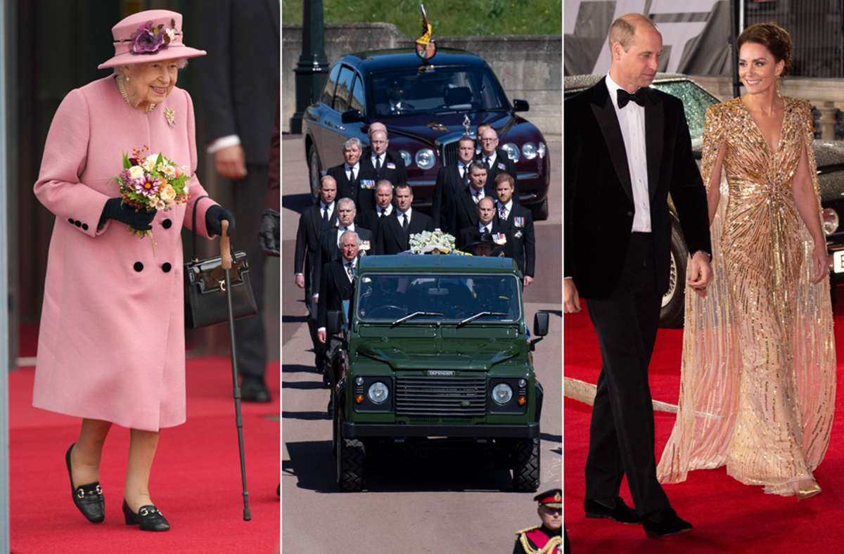 Bilder eines Jahres (von links): Seit Neuestem benutzt Queen Elizabeth II. einen Stock. Abschied von Prinz Philip. Herzogin Kate in einem Kleid, das jedes Bond-Girl neidisch machen würde.