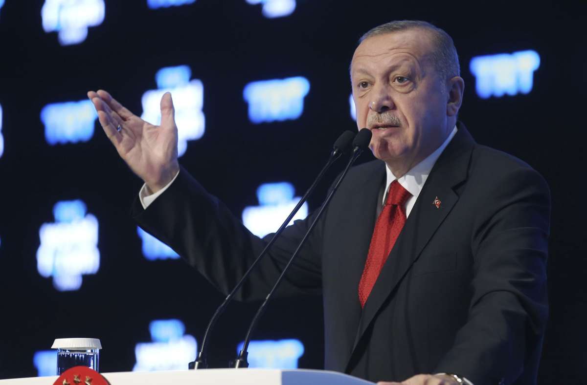 Der türkische Präsident Recep Tayyip Erdogan spricht 2019  auf einem vom türkischen Sender TRT World organisierten Forum Foto: -/Pool Presidential Press Servic