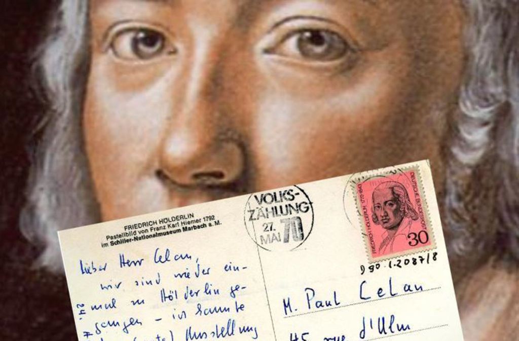 Im Literaturmuseum der Moderne feiert man Hölderlins 250. Geburtstag unter anderem mit diesem Postkartengruß aus der letzten Marbacher Jubiläumsausstellung an Paul Celan. Weitere Eindrücke finden Sie in unserer Bildergalerie.
