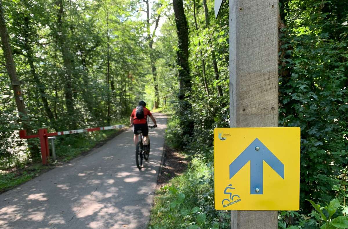 Folge dem gelben Schild: Im Großen und Ganzen sind die Strecken für Mountainbiker im Schönbuch  gut ausgeschildert.