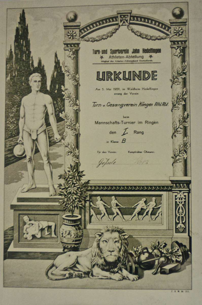 Beim Mannschaftsturnier in Hedelfingen erzielten die Ringer 1929 den ersten Rang.
