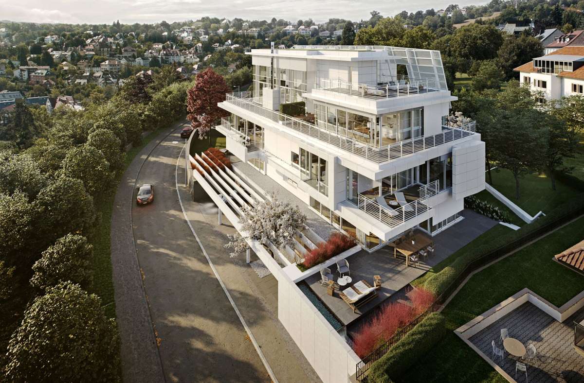 Viel Weiß, viel Glas: Der Bau von Richard Meier, hier in einer Visualisierung, erinnert an einen selbstherrlichen Ozean-Liner. Mehr Eindrücke gibt es in der Bildergalerie. Foto: Visualisierung Meier Partners/Wohnbau Studio