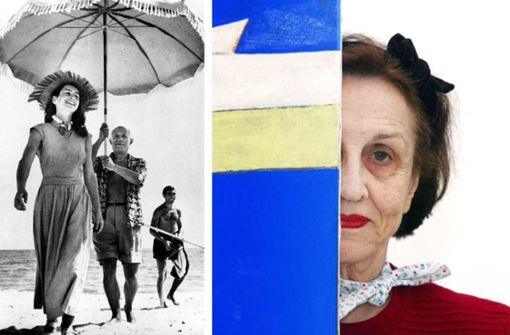 Françoise Gilot (2921-2023) im Jahr 1948 mit Pablo Picasso und im Jahr 2004 in ihrem Atelier Foto: Imago/Keystone, AFP/Jean-Pierre Muller