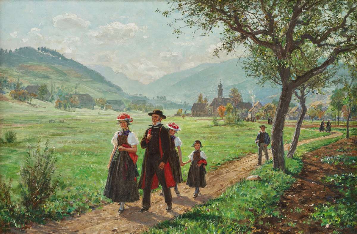 Berge, Bauern, Bollenhut: der Künstler Wilhelm Hasemann hat mit seiner Kunst – hier ein Sonntagsspaziergang – das Bild vom Schwarzwald geprägt.