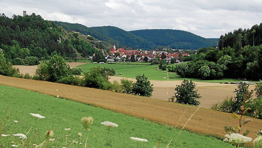 Im Tal von Urspring und Aach liegt Schelklingen. Ganz links ist der Schlossberg mit mittelalterlichem Turm zu sehen.