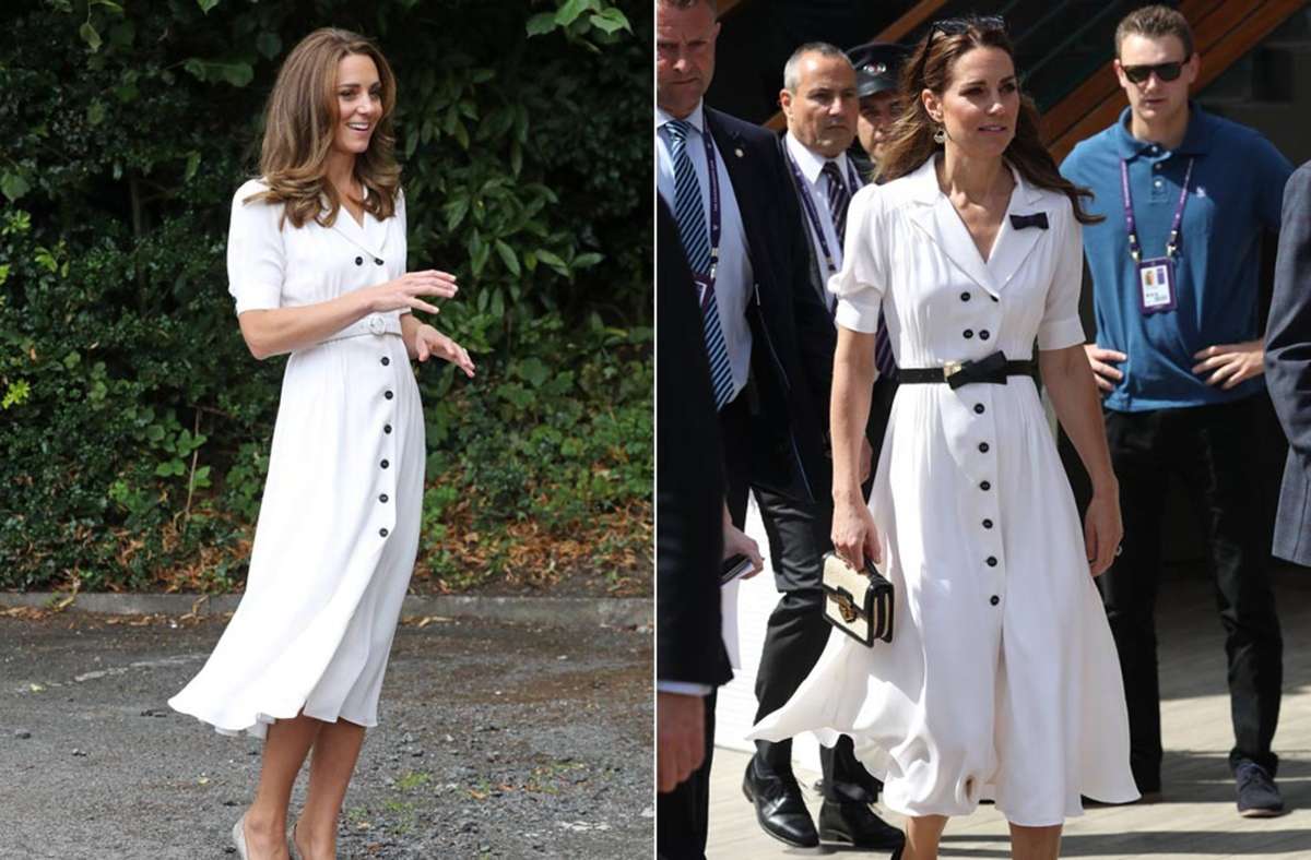 Ein Kleid, zwei Anlässe: Herzogin Kate trug dieses Hemdblusenkleid schon in Wimbledon (rechts) und jetzt bei einem Termin in Sheffield.