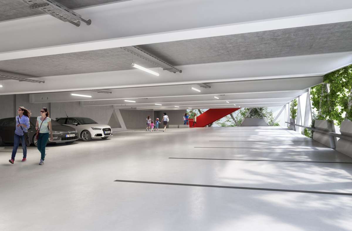 Die Ausstellung stellt auch zwei Neubau-Projekte vor: Das Parkhaus mit Energiezentrale ist der Auftakt des neuen Quartiers Neckarpark Stuttgart. Blick in das lichte Innere des Parkhauses – Visualisierung