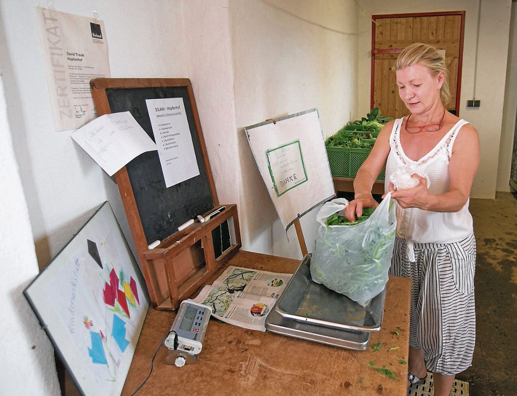 Beim Verteilen geht es gerecht zu: Tanja Kühfuss wiegt zarte Spinatblätter.
