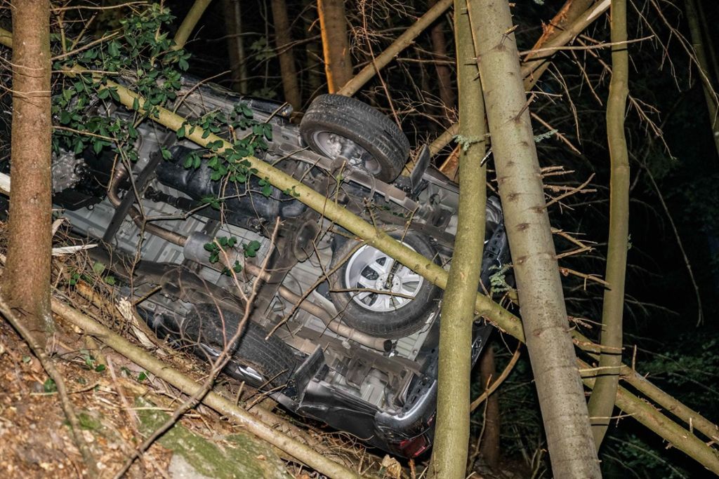 Fahrer konnte sich anschließend selbstständig aus dem Fahrzeug befreien: Spektakulärer Unfall: Pickup durchbricht Leitplanke und landet im Wald