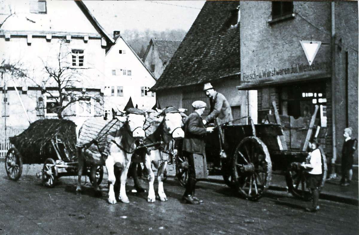 Sie gehörten früher zum Ortsbild von Zell: Ochsengespanne vor der damaligen Metzgerei und Gaststätte Ochsen.Fotos: Geschichtswerkstatt Zell / Foto:  