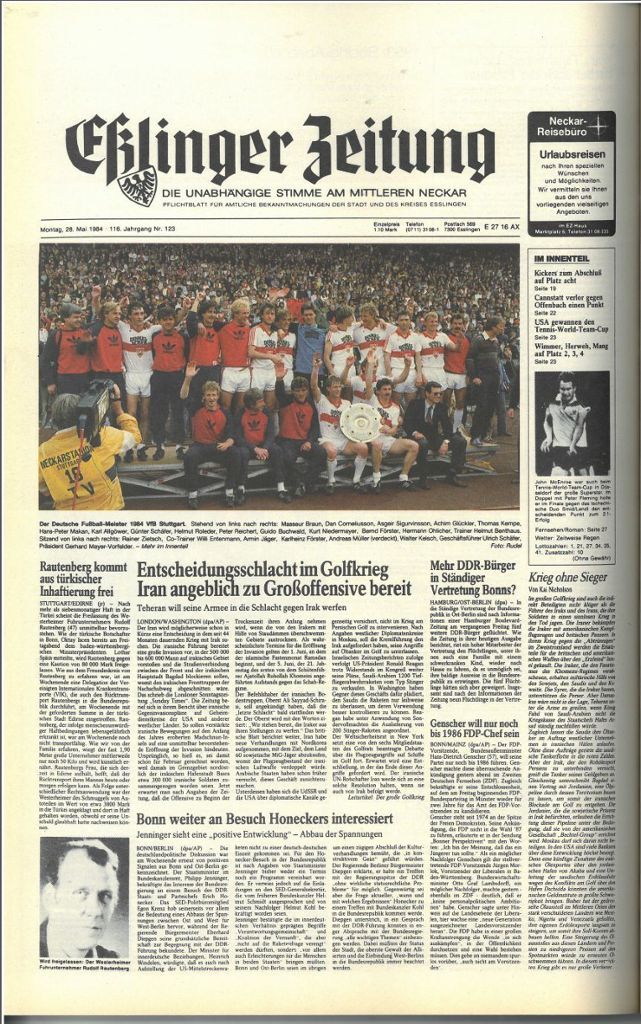 1984. Seltenes Bild in Farbe: Der VfB Stuttgart wird Deutscher Meister. Farbdrucke sind inzwischen Standard.