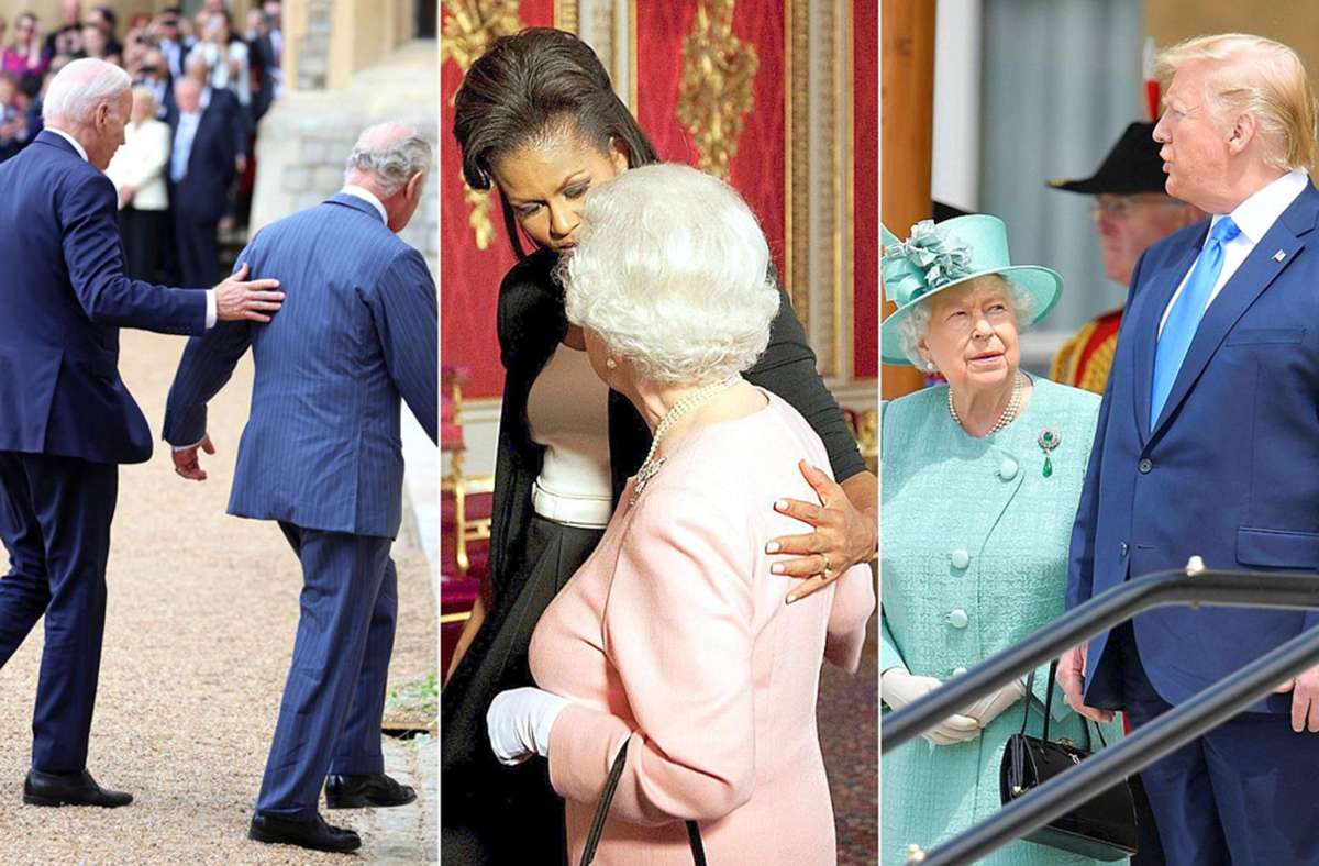 Hand drauf (von links): Joe Biden mit König Charles III. und Queen Elizabeth II. mit Michelle Obama und Donald Trump.