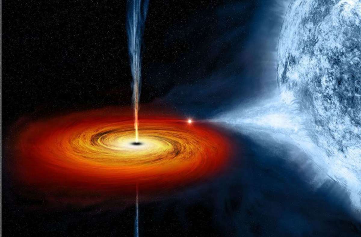 Auf dieser Darstellung sieht man ein rotierendes Schwarzes Loch, das einen Planeten mitreißt.