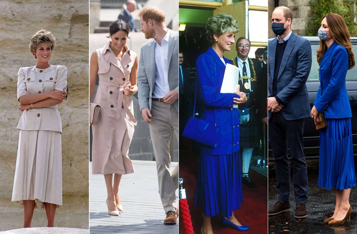 Da muss man zwei Mal hinschauen: Prinzessin Diana in Kleidern, die ihre Schwiegertöchter Kate (rechts) und Meghan (zweites Bild von links) heute ganz ähnlich tragen.