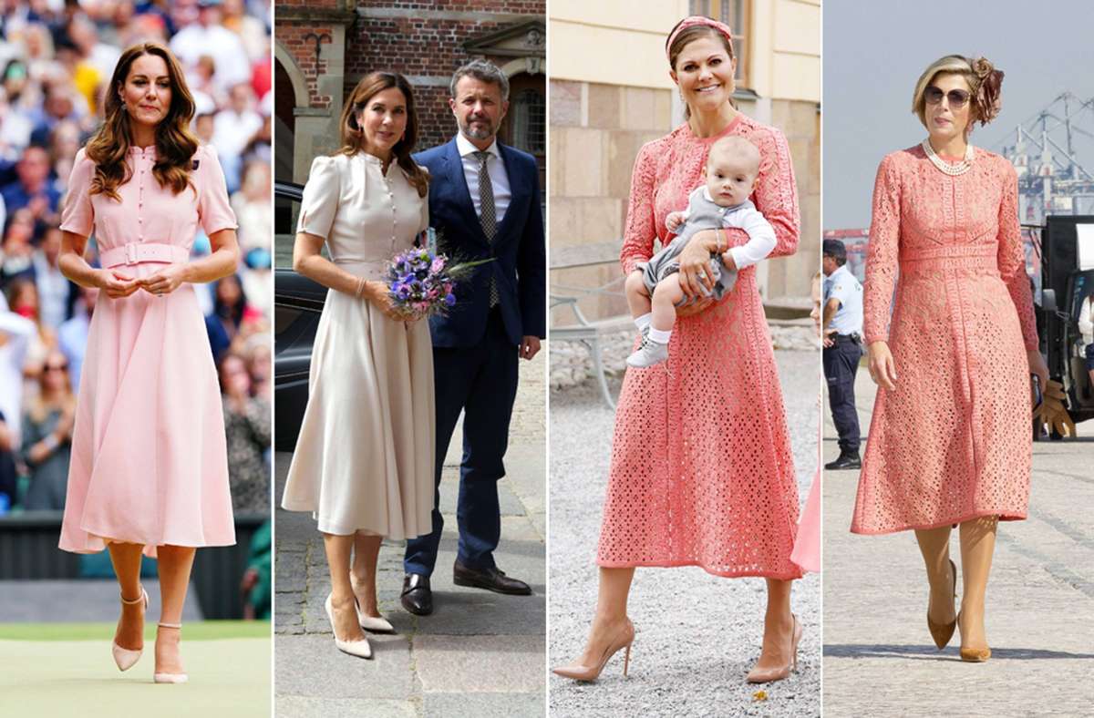Royaler Partnerlook (von links): Herzogin Kate und Kronprinzessin Mary haben das gleiche Kleid im Schrank, genauso wie Kronprinzessin Victoria und Königin Máxima.
