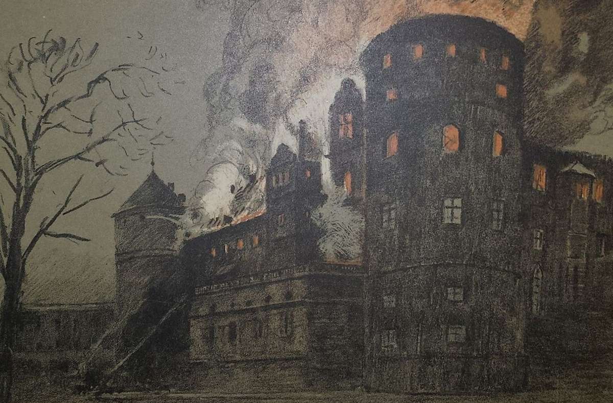 Der Brand des Alten Schlosses 1931. Eine Lithografie von Alexander Eckener.