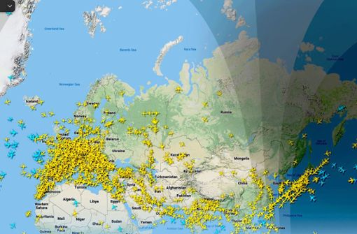 Die Maschinen umfliegen die Ukraine und Russland. Flightradar24.com ist ein Internetdienst zur Echtzeit-Positionsdarstellung von Flugzeugen (Zeitpunkt: Donnerstag, 11.35 Uhr). Foto: Flightradar