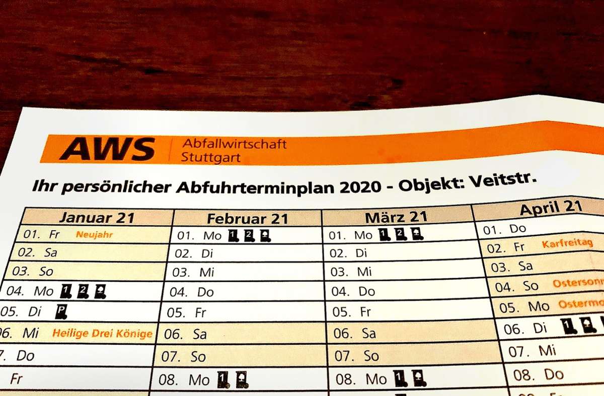 Fehler in Stuttgarter  Müllabfuhrkalender: 2020 bleibt uns auch  2021 erhalten