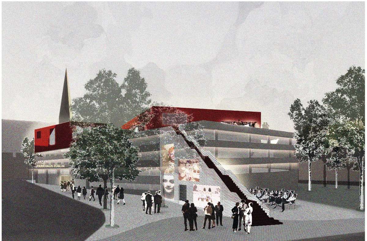 Der Entwurf „Pivot“ von Melissa Bauer und Annika Sieblitz sieht zwei Baukörper auf dem bestehenden Züblin-Parkhaus vor. Dazu eine Freitreppe mit Videoleinwand.